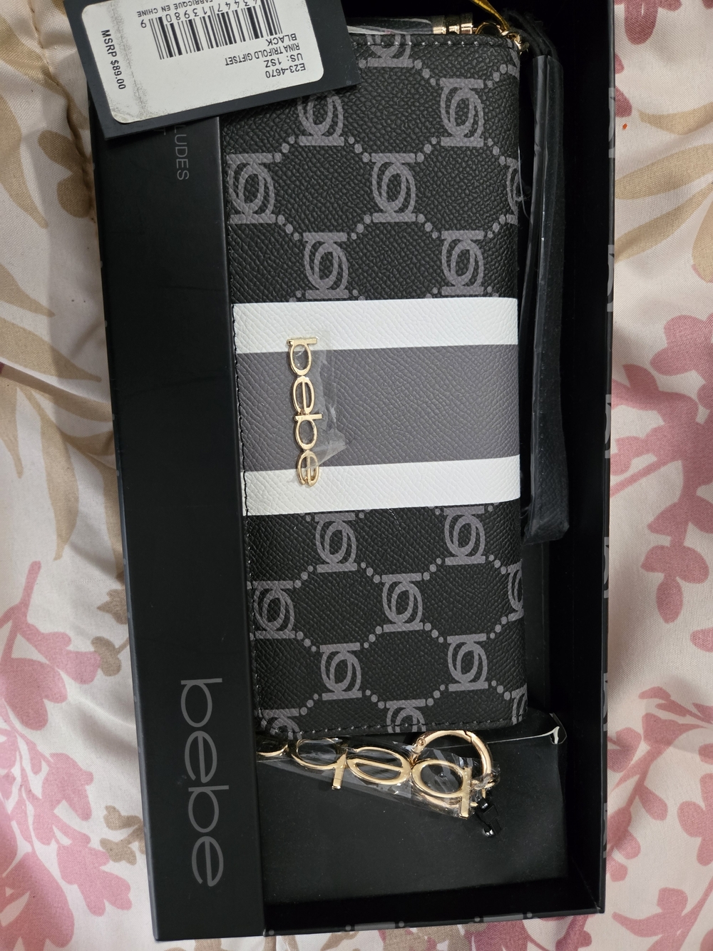 bebe Black, Gray & White Logo Zip Wristlet Phone Case